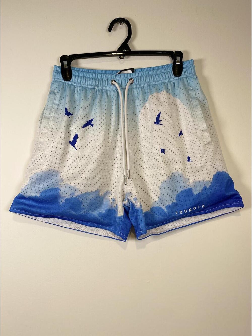YoungLA Blue and White Mesh Athletic Shorts with Bird Design Size S